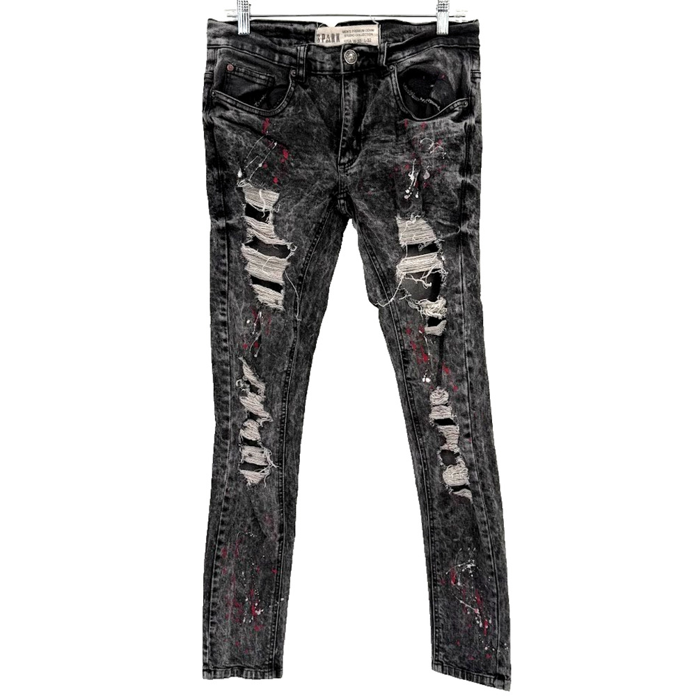 SPARK Mens Skinny Jeans 30x32 Black Distressed Ripped Paint Splatter Streetwear